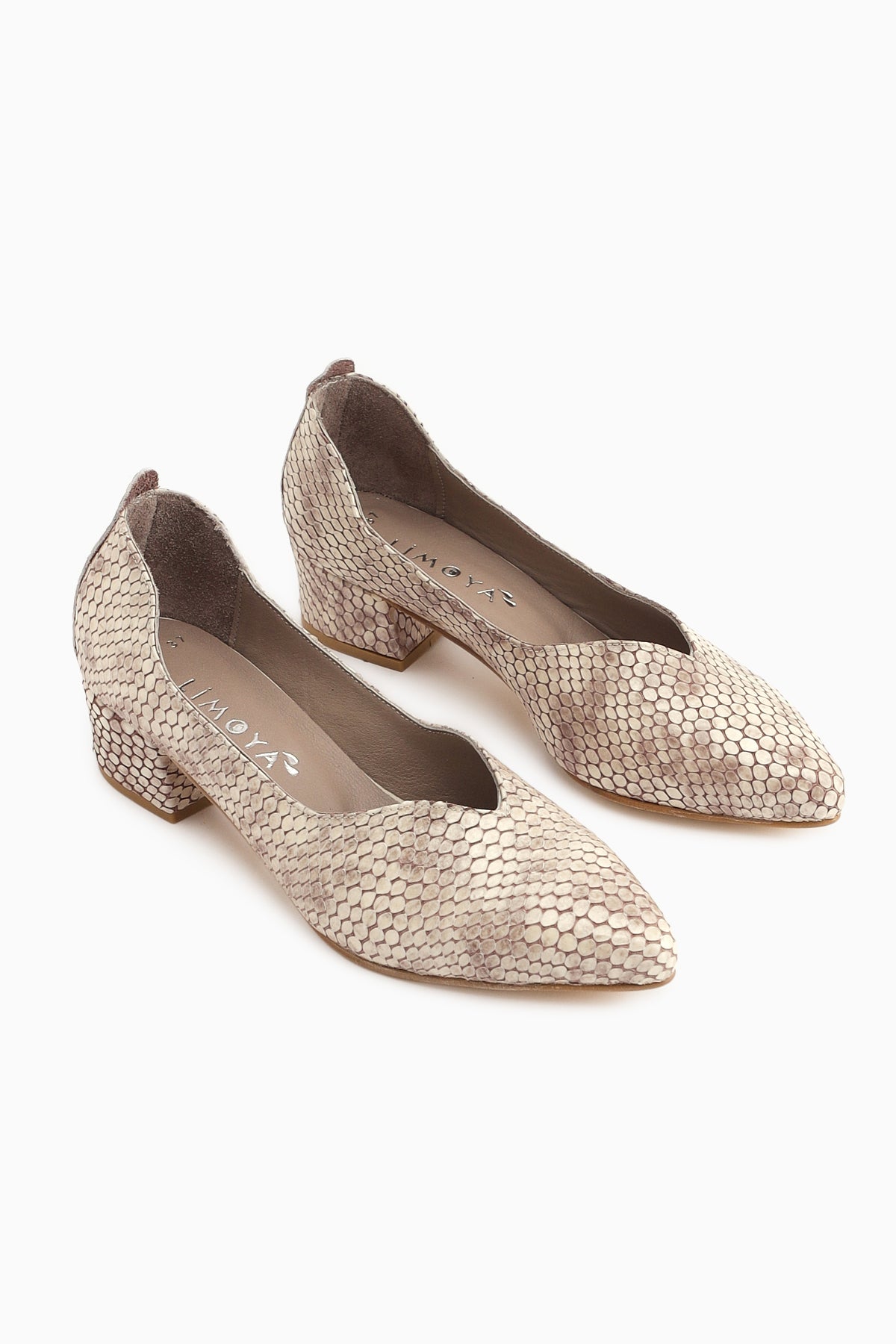 Samia Hakiki Deri Bej Yılan Desenli Kalın Topuklu Kadın Ayakkabı