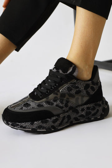 Kada Gri Leopar Desenli Taş Detaylı Sneakers