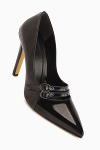 Blanka Siyah Rugan Çift Tokalı Stiletto Kadın Topuklu Ayakkabı