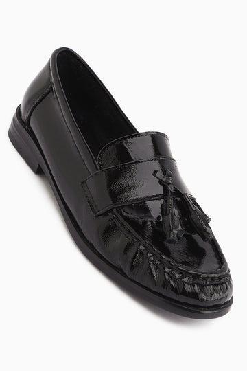 Kethy Hakiki Deri Siyah Rugan Kadın Loafer