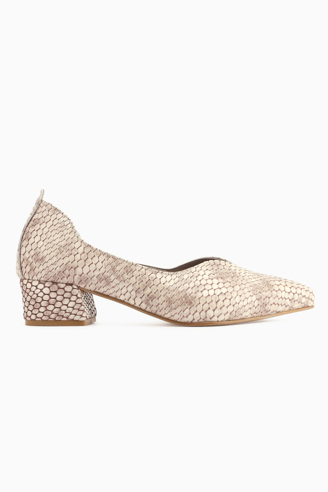 Samia Hakiki Deri Bej Yılan Desenli Kalın Topuklu Kadın Ayakkabı