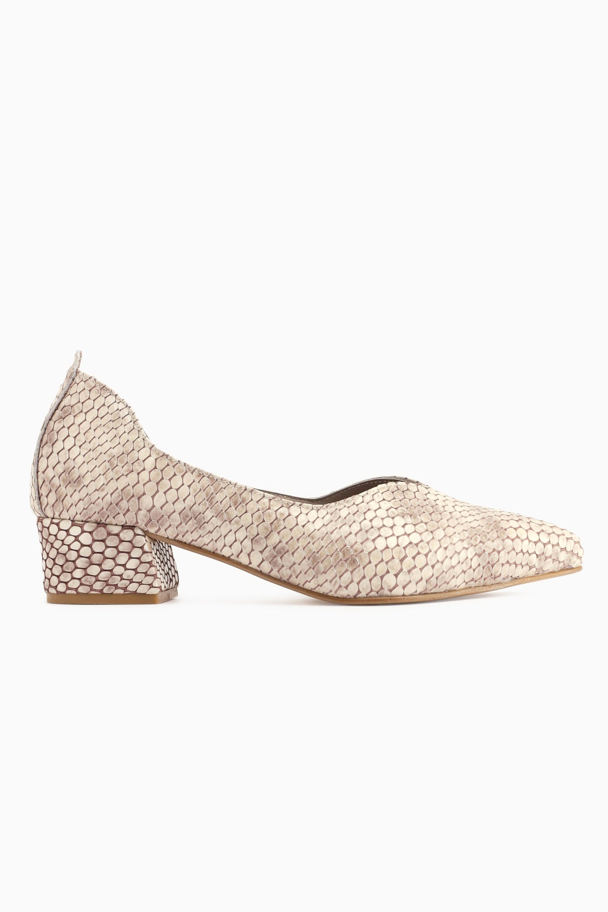 Samia Hakiki Deri Bej Yılan Desenli Kalın Topuklu Kadın Ayakkabı