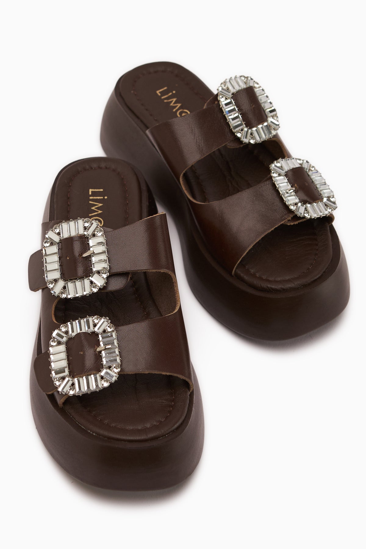 Daina Hakiki Deri Kahve Taşlı Kadın Terlik