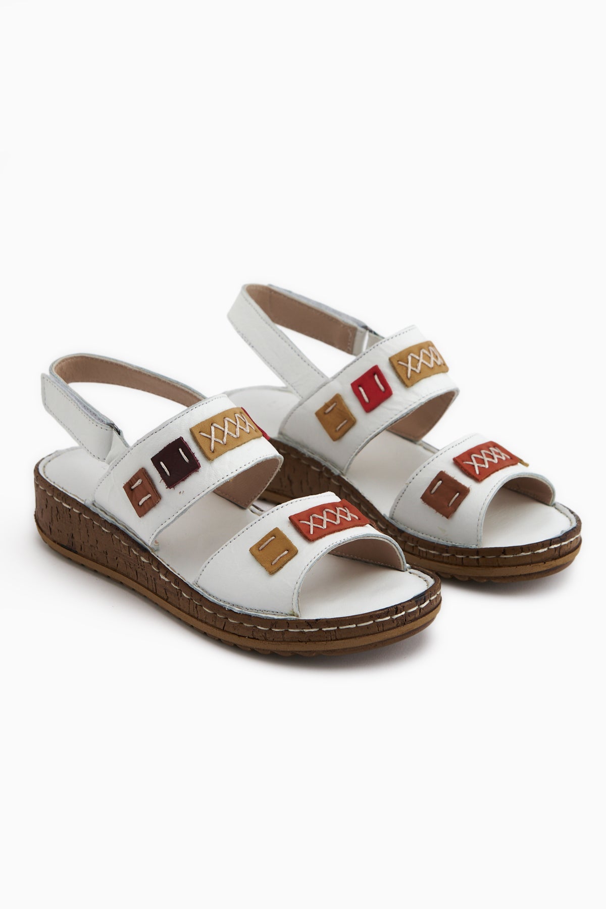 Loreta Hakiki Deri Beyaz Çift Bantlı Kadın Sandalet