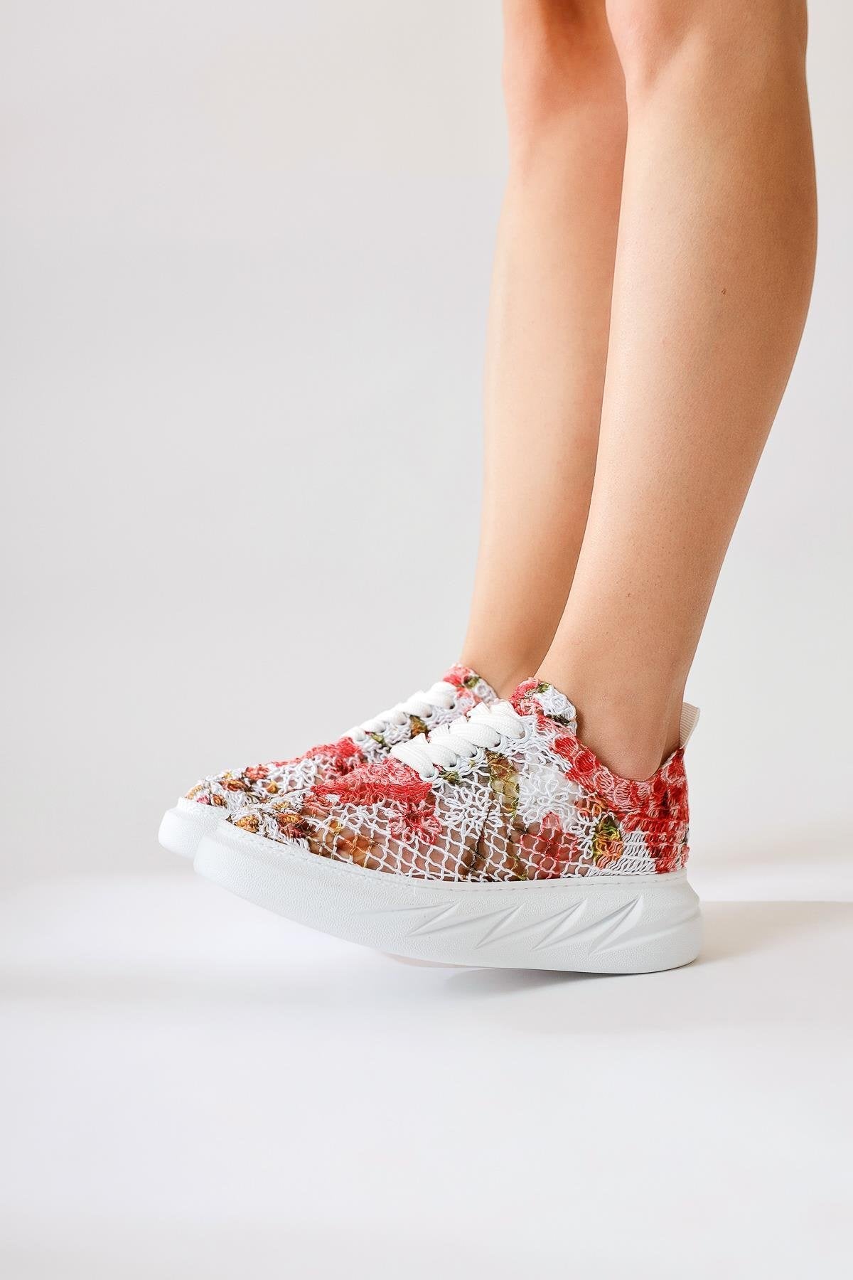 Biba Kırmızı Triko Desen Baskılı Bağcıklı Sneaker