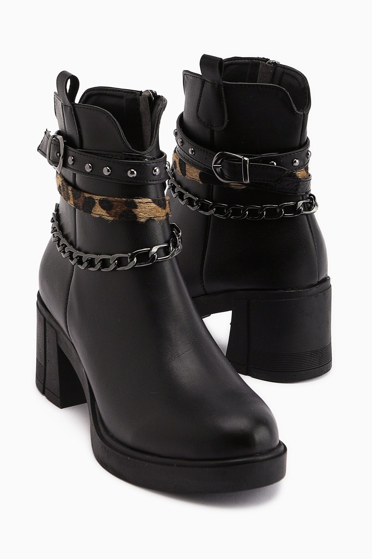Anissa Siyah Zincir ve Kemer Detaylı Kalın Topuklu Kadın Bot