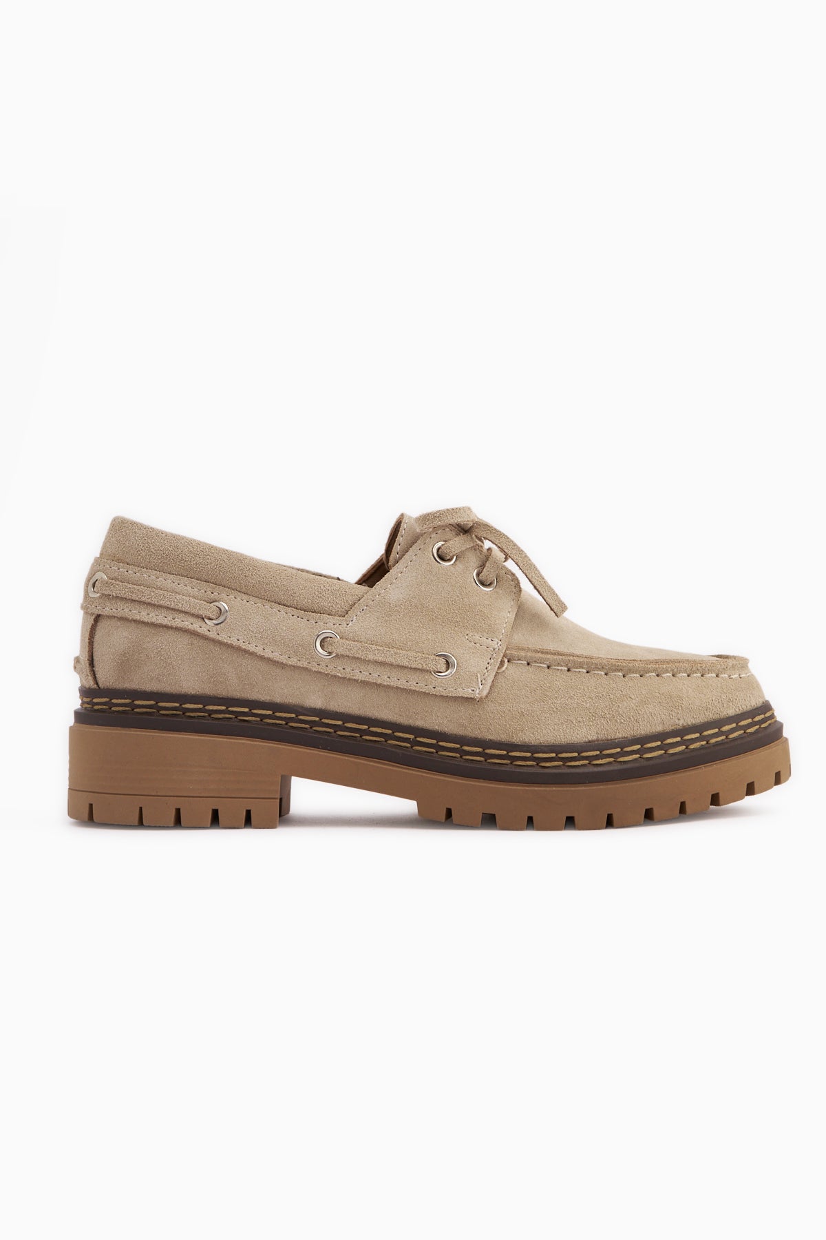 Matina Hakiki Deri Bej Süet Bağcıklı Kalın Taban Kadın Loafer Ayakkabı