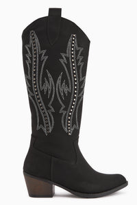 Fizaro Siyah Sivri Burunlu Nakışlı Zımba Detaylı Western Çizme