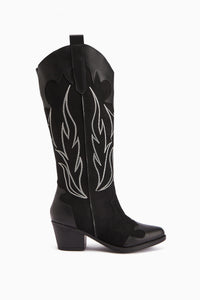 Bahar Siyah Süet Nakışlı Deri Detaylı Topuklu Western Çizme
