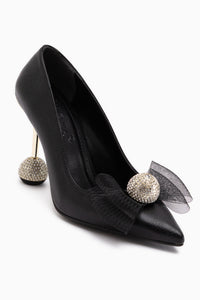 Partile Siyah Disko Topu Detaylı Tül Fiyonklu Stiletto