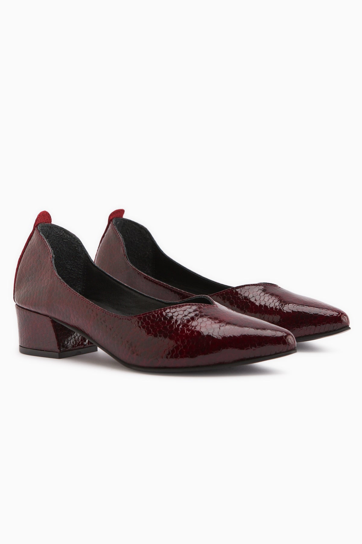 Samia Hakiki Deri Bordo Yılan Desenli Kalın Topuklu Kadın Ayakkabı