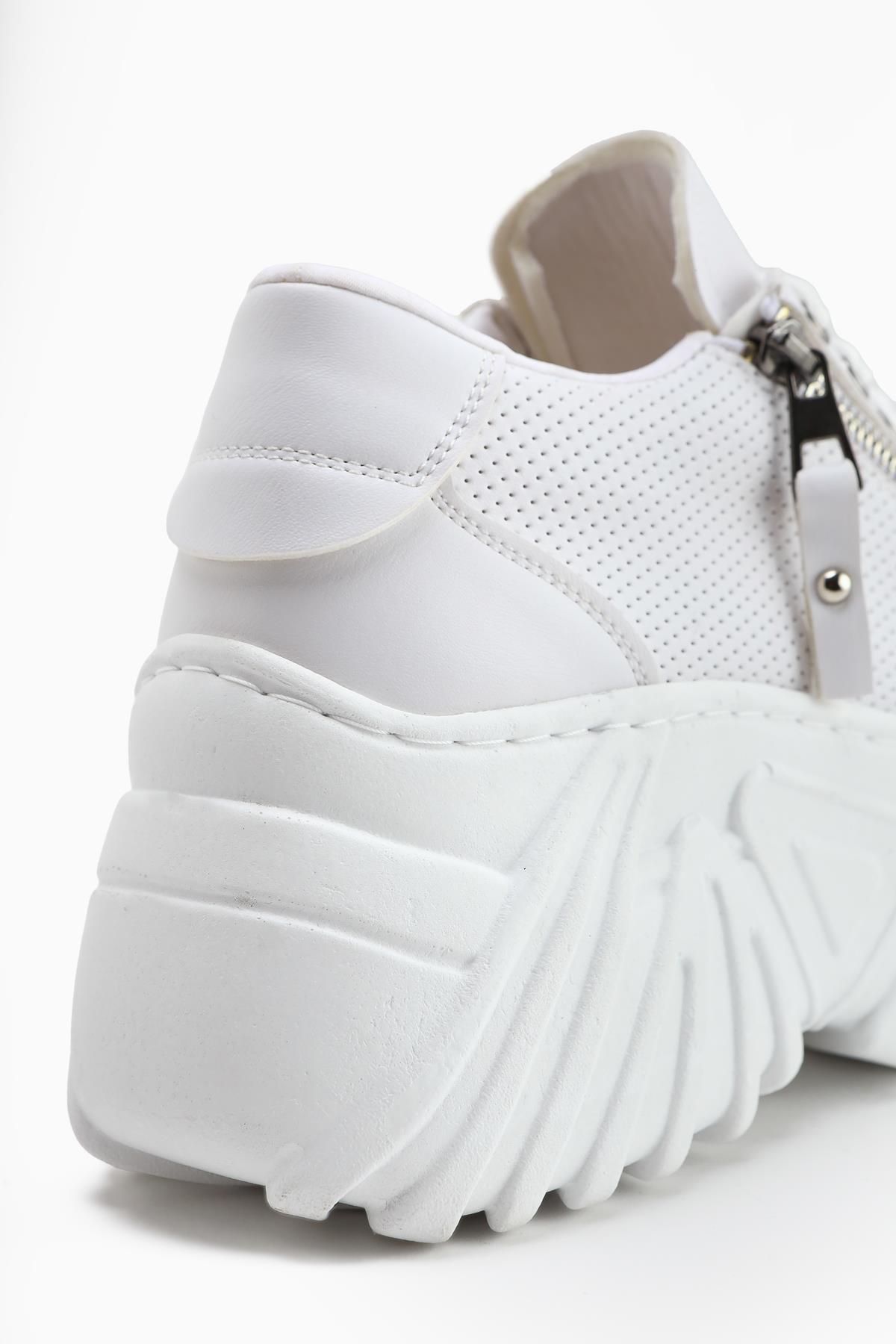Betty Beyaz Yüksek Tabanlı Fermuar Detaylı Kadın Sneakers