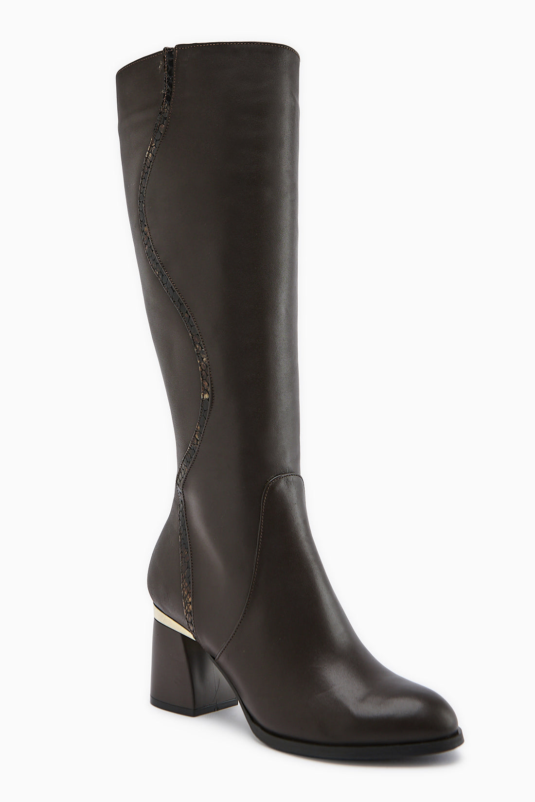 Kaylin Hakiki Deri Kahve Yılan Desenli Detaylı Kadın Topuklu Çizme