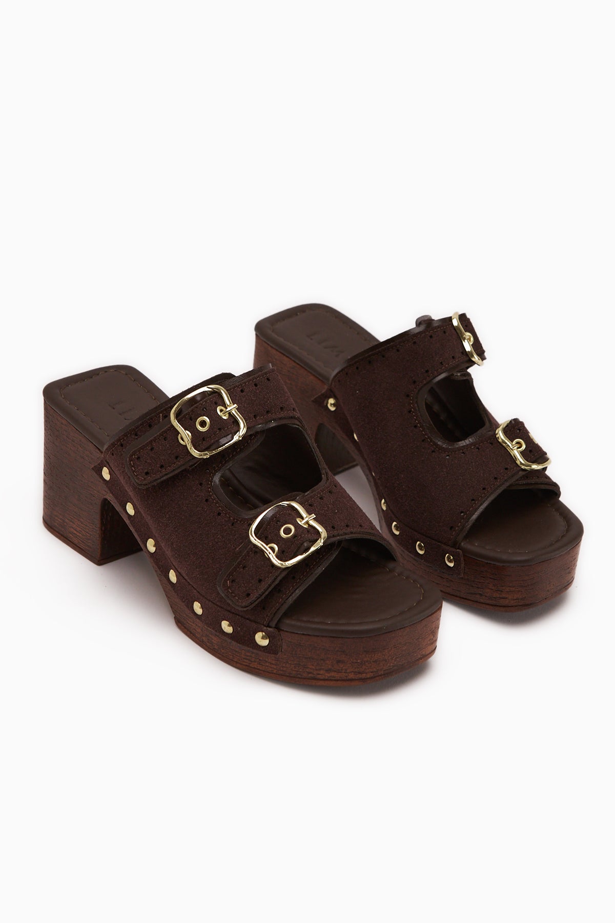 Diala Kahve Süet Çift Bantlı Kadın Platform Topuklu Terlik