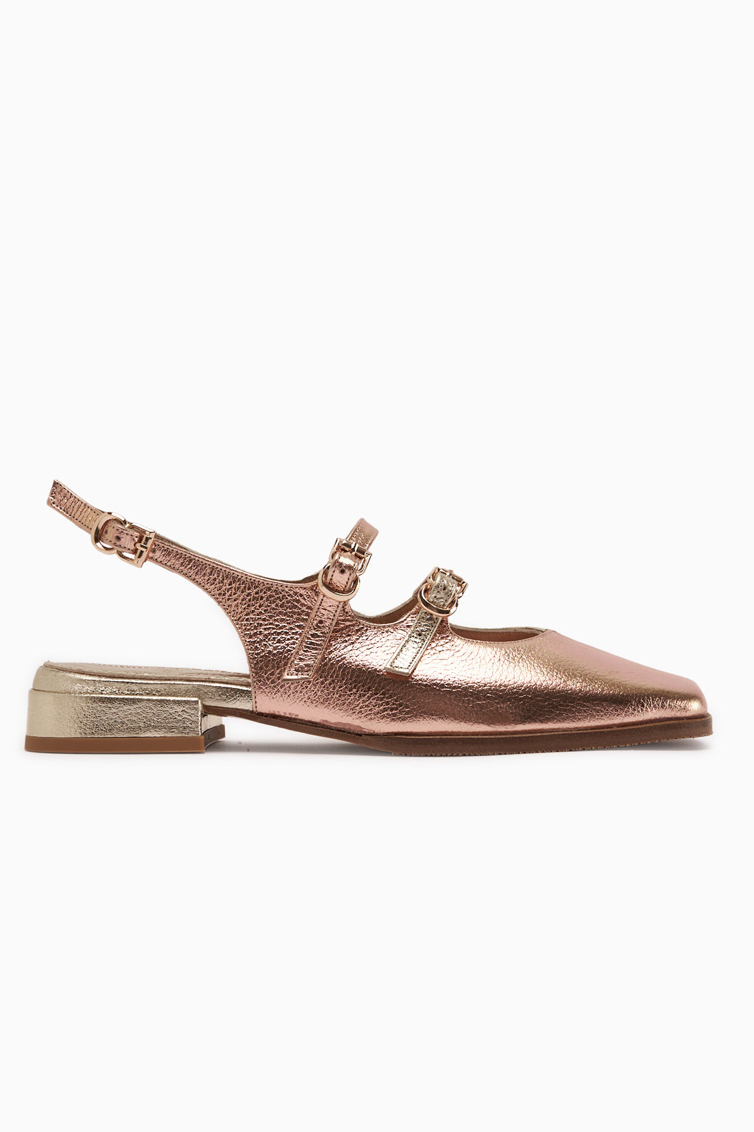 Winny Hakiki Deri Altın Çift Bantlı Kadın Sandalet