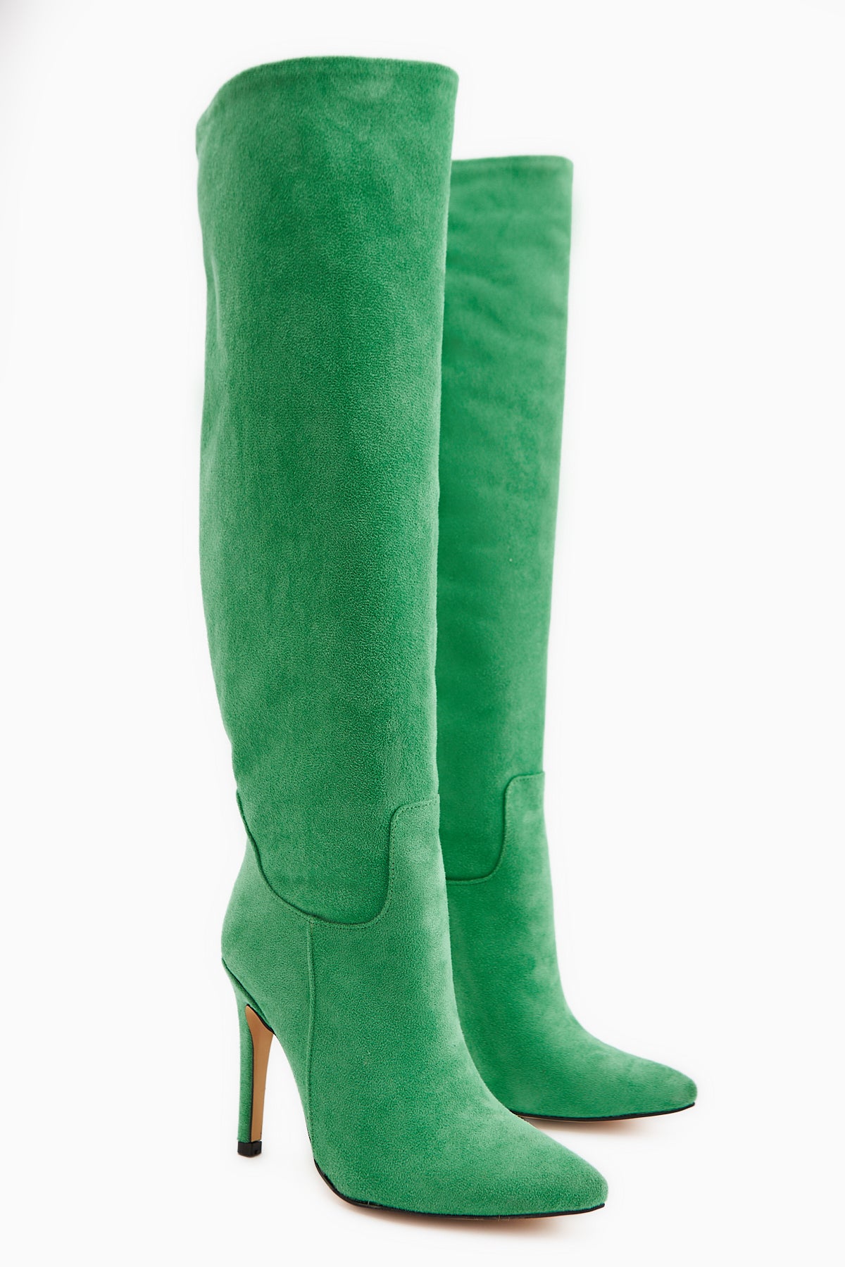 Nenya Yesil Süet Desenli Sivri Burunlu İnce Topuklu Dizüstü Çizme
