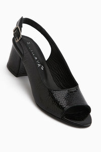 Catia Hakiki Deri Siyah Yılan Desenli Kadın Topuklu Sandalet