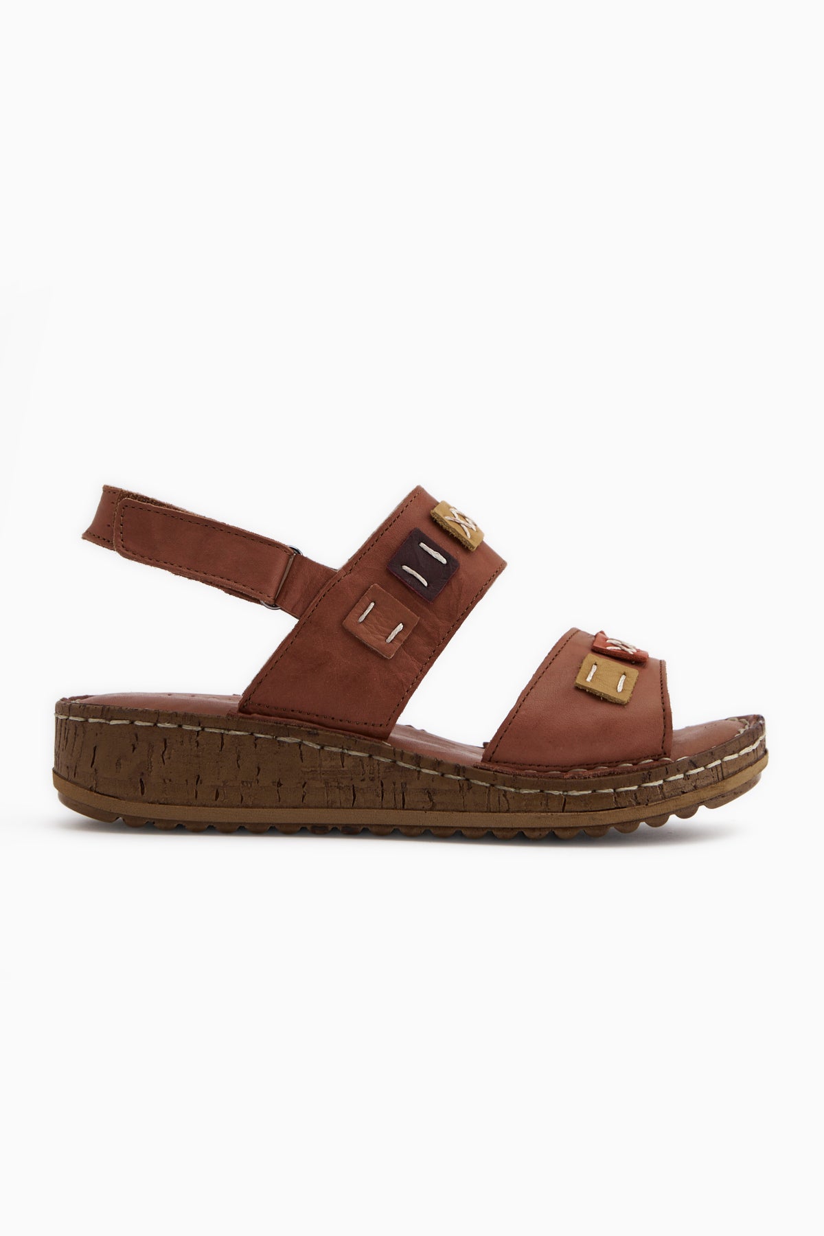 Loreta Hakiki Deri Taba Çift Bantlı Kadın Sandalet