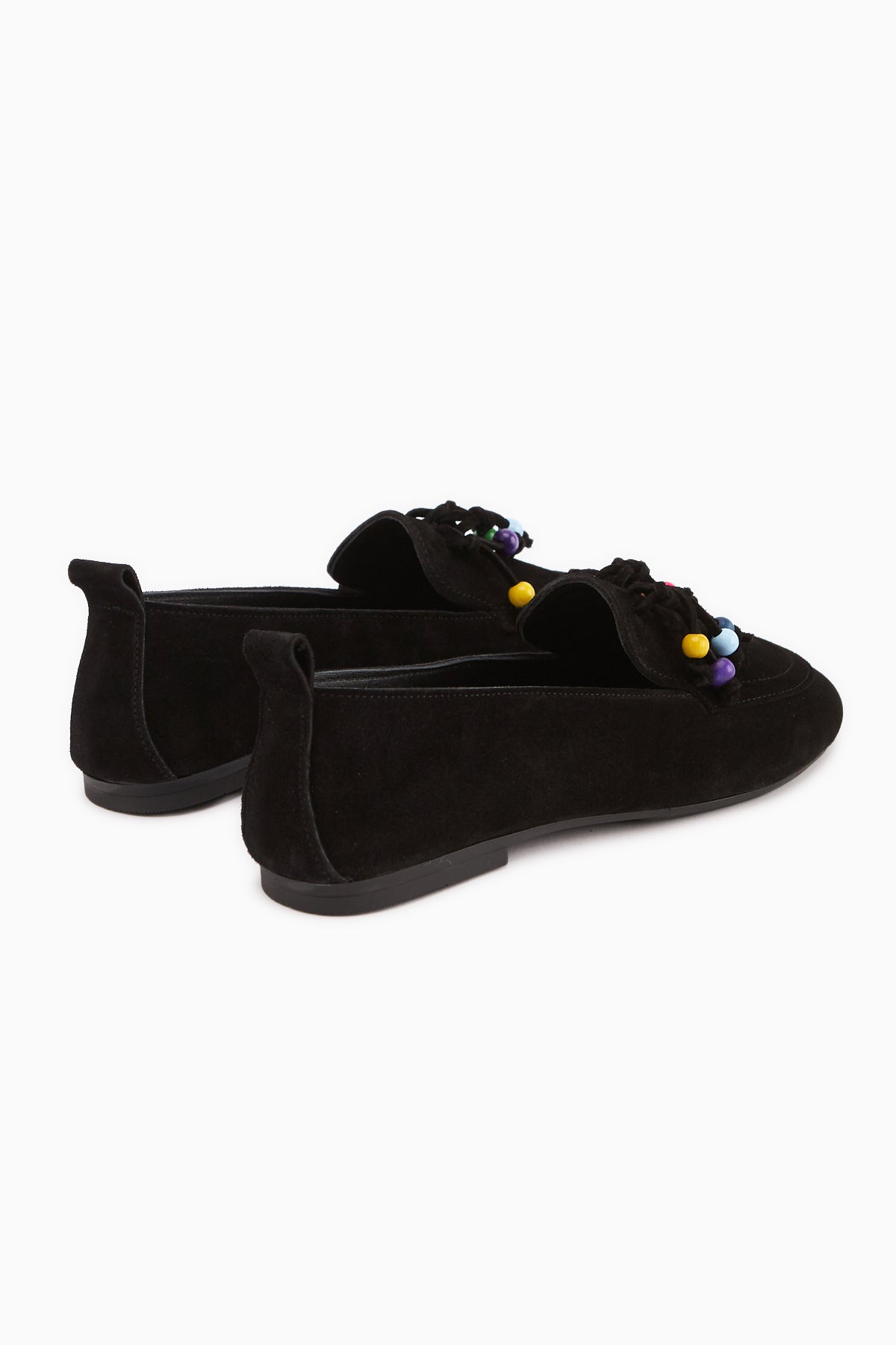 Benita Hakiki Deri Siyah Boncuk Detaylı Püsküllü Loafer Kadın Günlük Ayakkabı
