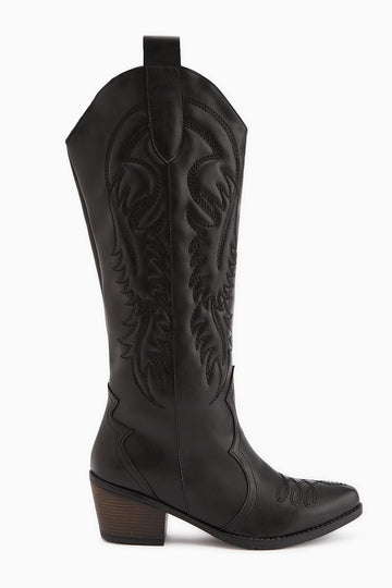 Florida Siyah Nakış Detaylı Sivri Burunlu Western Çizme