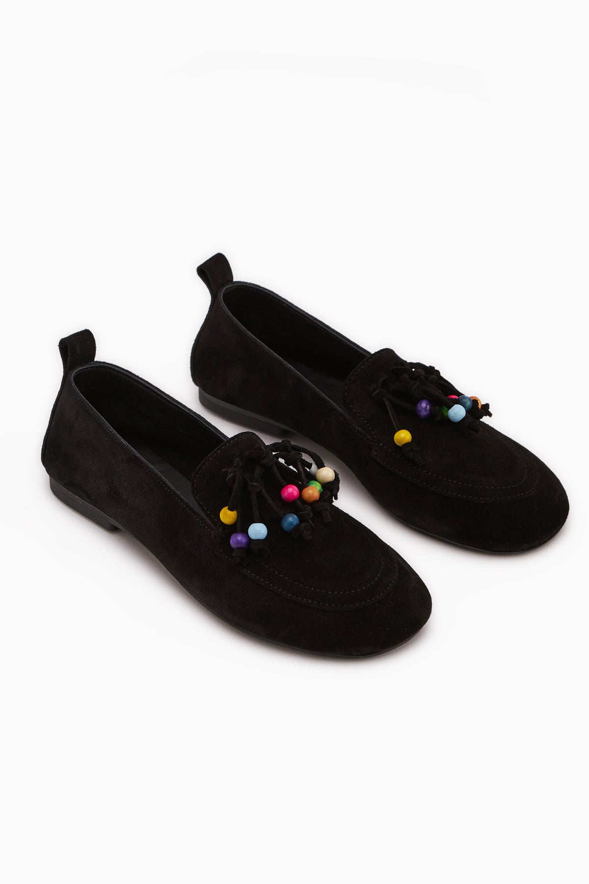 Benita Hakiki Deri Siyah Boncuk Detaylı Püsküllü Loafer Kadın Günlük Ayakkabı