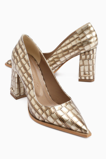 Lucy Krem Kroko Kalın Topuklu Ayakkabı Kadın Stiletto