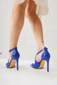 Tinde Mavi Sivri Burunlu Perçin Detaylı İnce Topuklu Ayakkabı