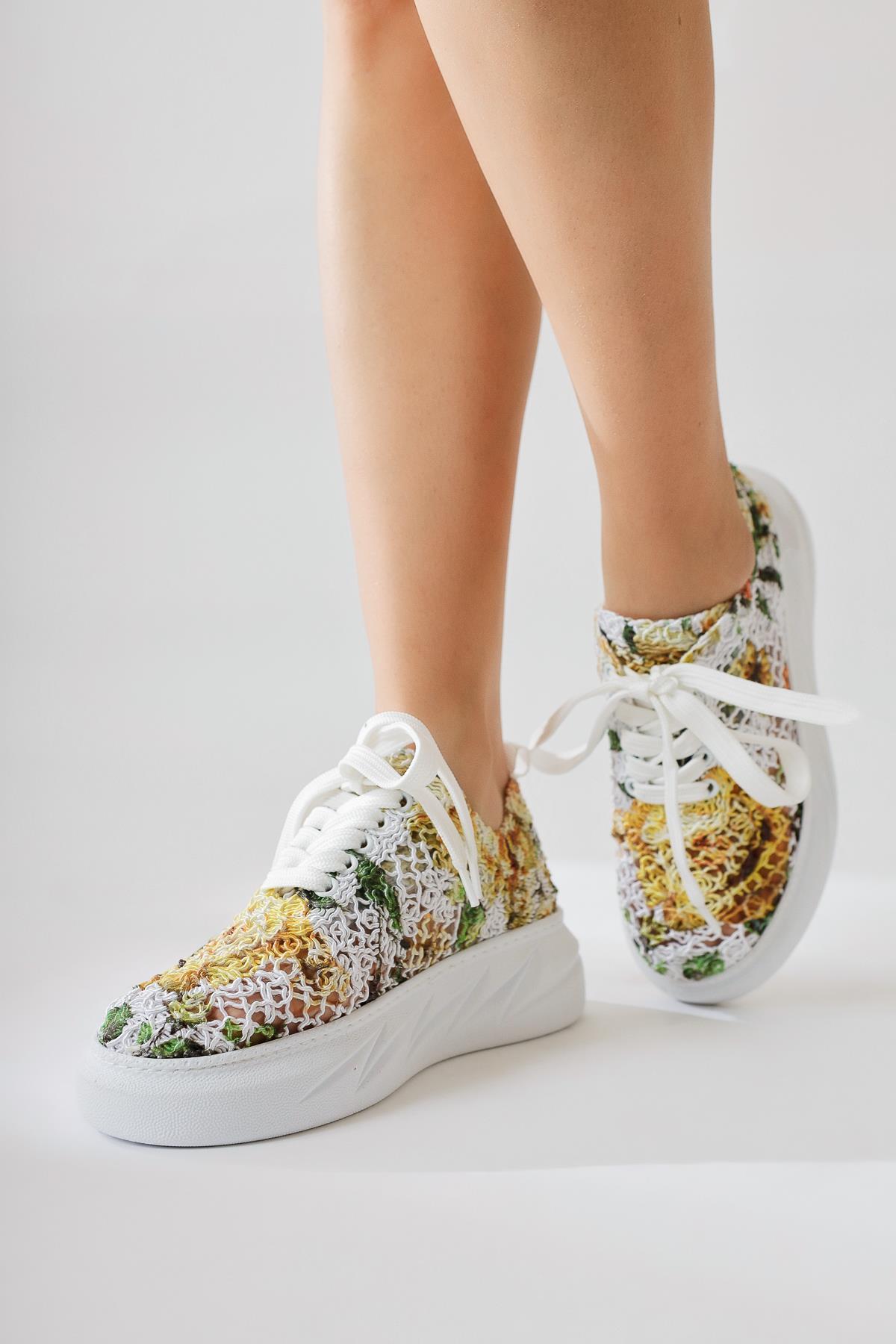 Biba Sarı Triko Desen Baskılı Bağcıklı Sneaker