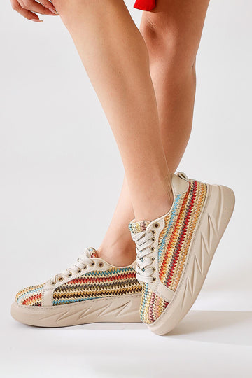 Silfa Bej Örgü Desenli Yüksek Taban Bağcıklı Sneakers