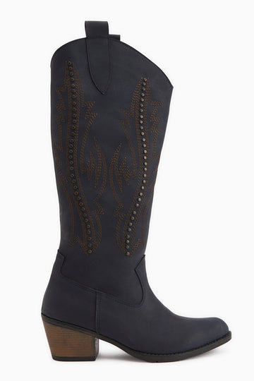 Fizaro Lacivert Sivri Burunlu Nakışlı Zımba Detaylı Western Çizme