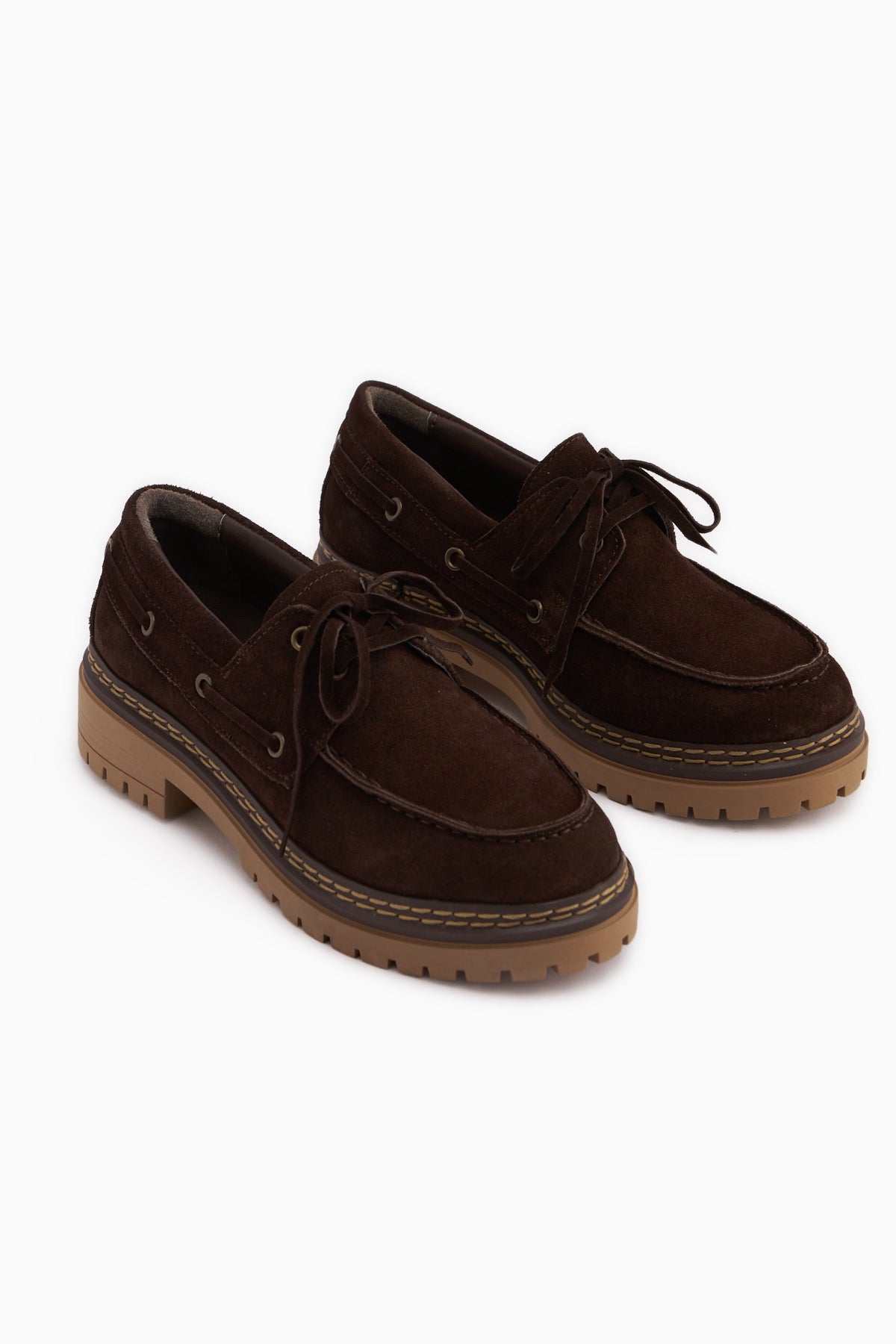 Matina Hakiki Deri Kahve Süet Bağcıklı Kalın Taban Kadın Loafer Ayakkabı