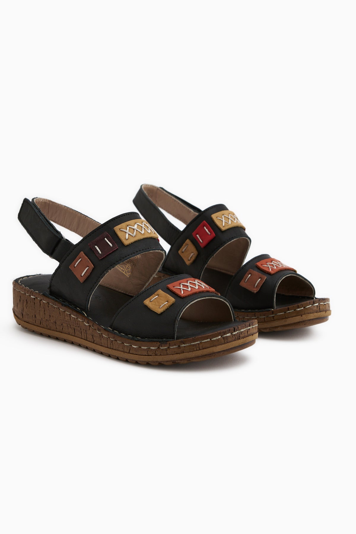 Loreta Hakiki Deri Siyah Çift Bantlı Kadın Sandalet