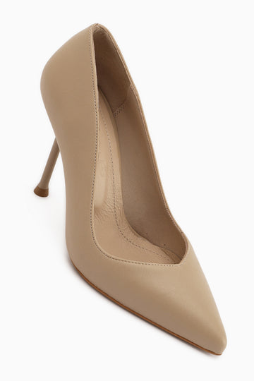 Arya Hakiki Deri Bej Stiletto Kadın Topuklu Ayakkabı