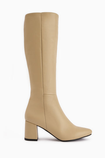 Velma Hakiki Deri Bej Topuklu Kadın Çizme