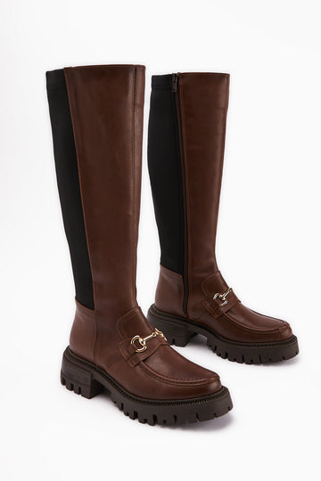 Meli Taba Geniş Konç Streç Toka Detaylı Dalgış Kumaşlı Tokalı Çizme