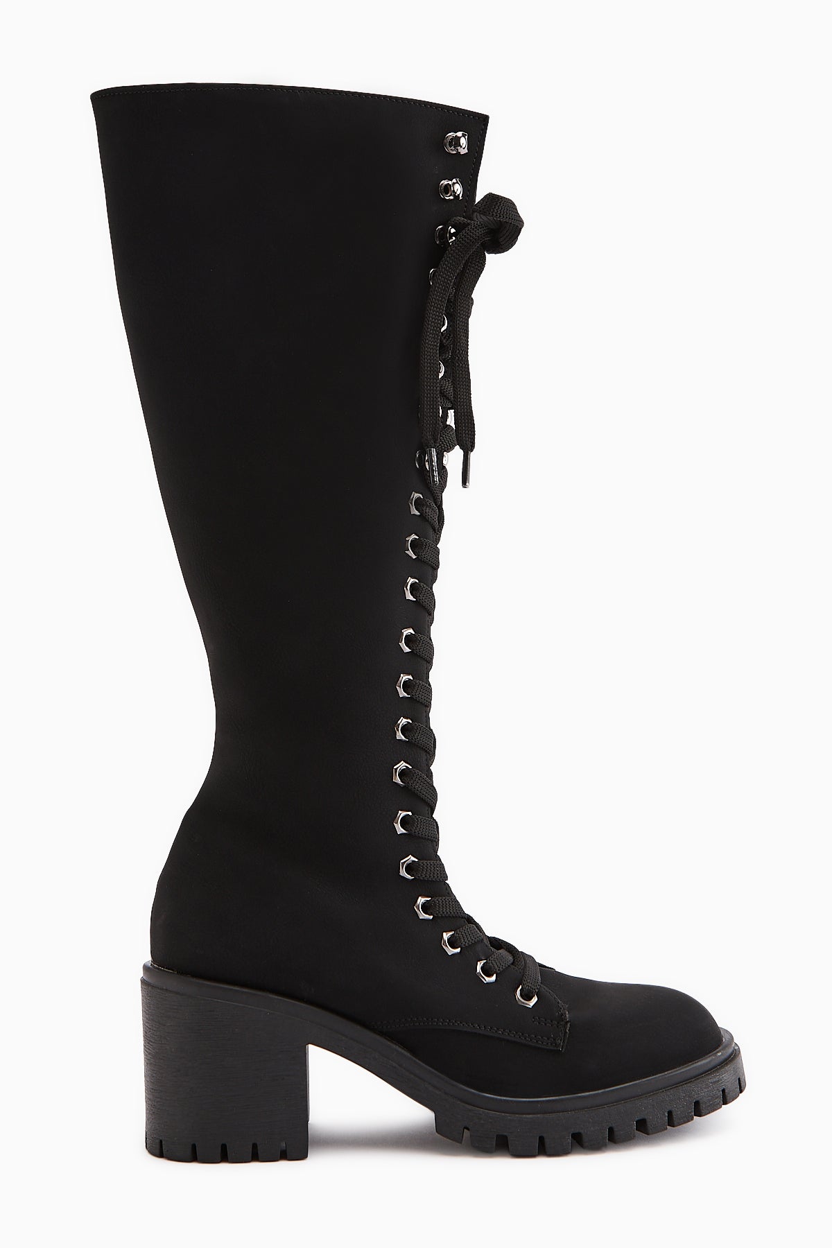 Bella Siyah Bağcıklı ve Fermuarlı Oval Burunlu Topuklu Kadın Çizme