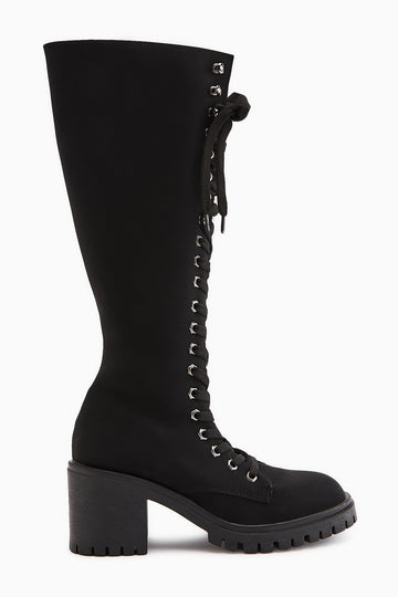 Bella Siyah Bağcıklı ve Fermuarlı Oval Burunlu Topuklu Kadın Çizme