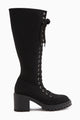 Bella Siyah Bağcıklı ve Fermuarlı Oval Burunlu Topuklu Kadın Çizme