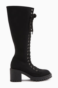 Bella Siyah Bağcıklı ve Fermuarlı Oval Burunlu Topuklu Kadın Çizme