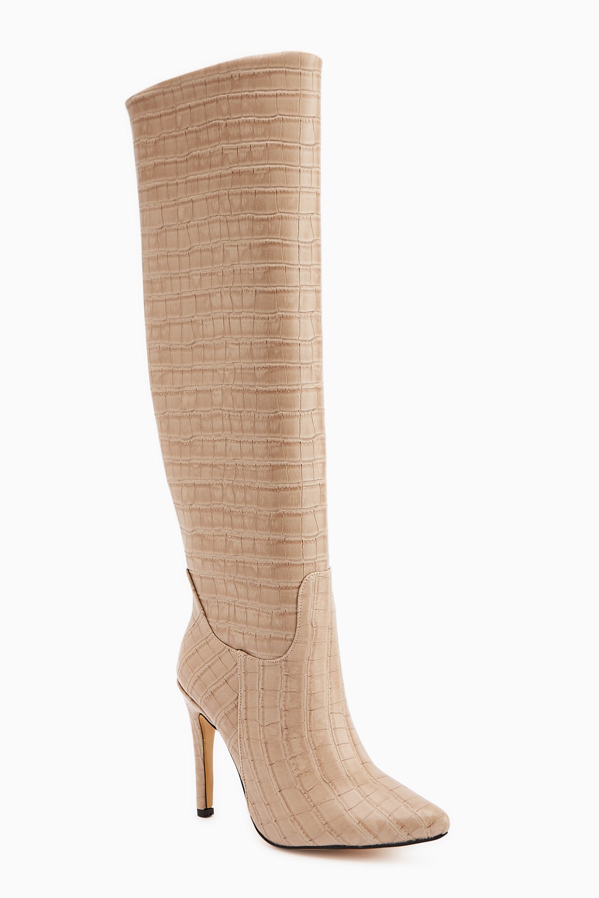Nenya Bej Kroko Desenli Sivri Burunlu İnce Topuklu Dizüstü Çizme
