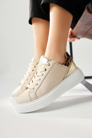 Tinka Krem Kalın Tabanlı Leopar Detaylı Sneakers