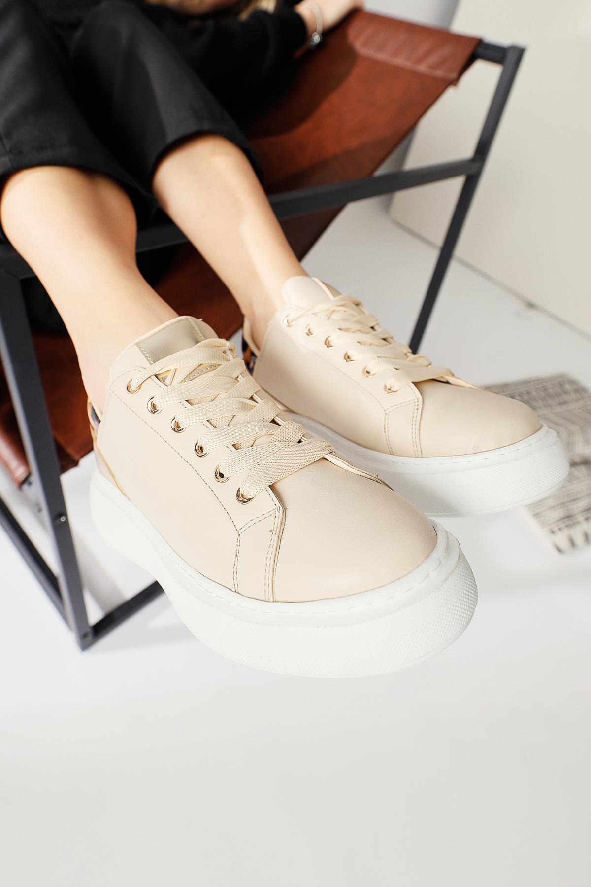 Tinka Krem Kalın Tabanlı Leopar Detaylı Sneakers