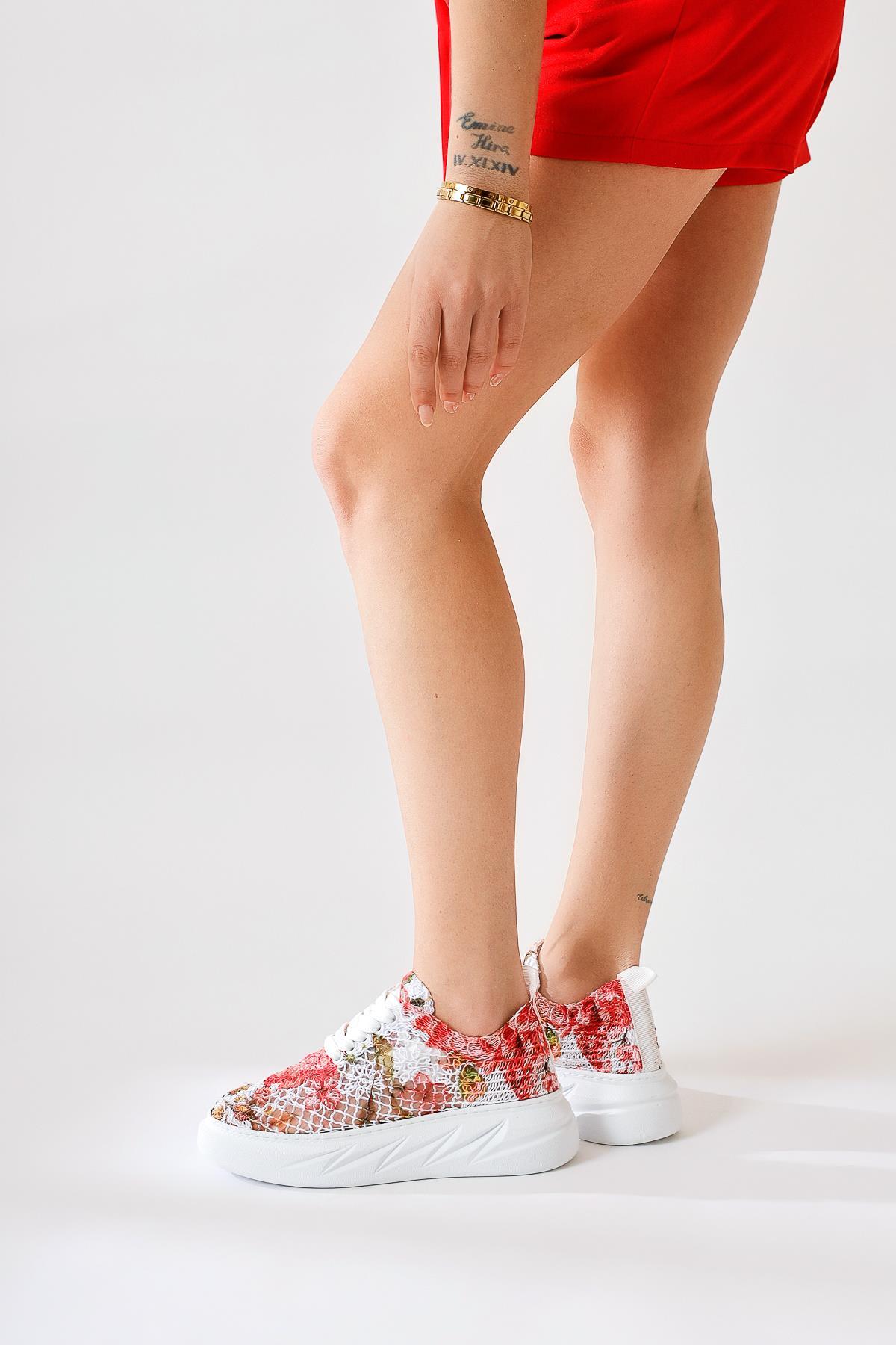 Biba Kırmızı Triko Desen Baskılı Bağcıklı Sneaker