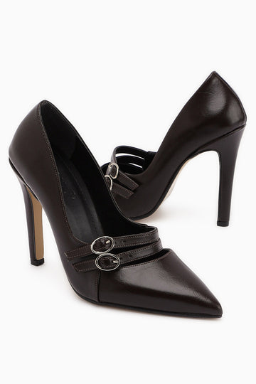 Blanka Kahve Çift Tokalı Stiletto Kadın Topuklu Ayakkabı