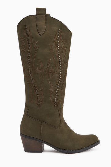 Fizaro Haki Sivri Burunlu Nakışlı Zımba Detaylı Western Çizme