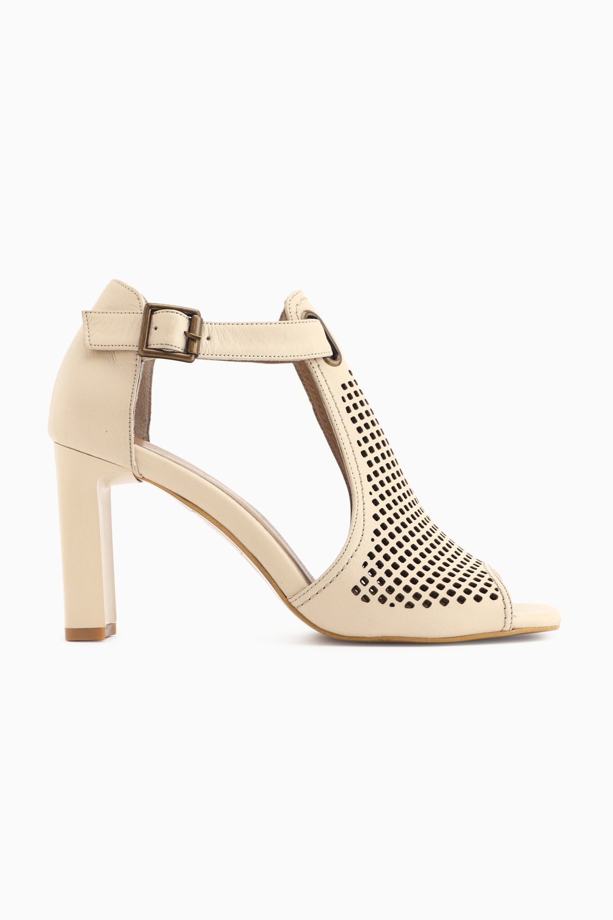 Monica Hakiki Deri Bej Bilekten Tokalı Kalın Topuklu Kadın Ayakkabı