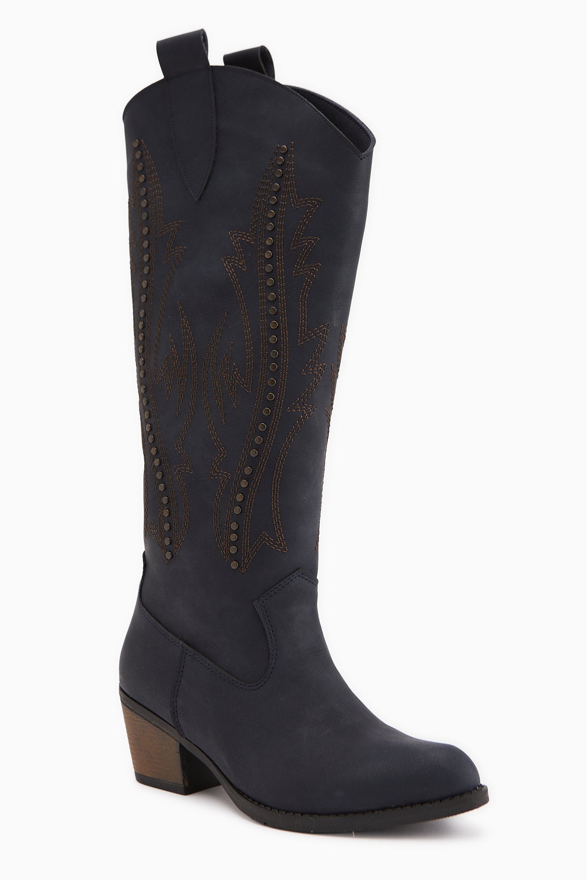 Fizaro Lacivert Sivri Burunlu Nakışlı Zımba Detaylı Western Çizme