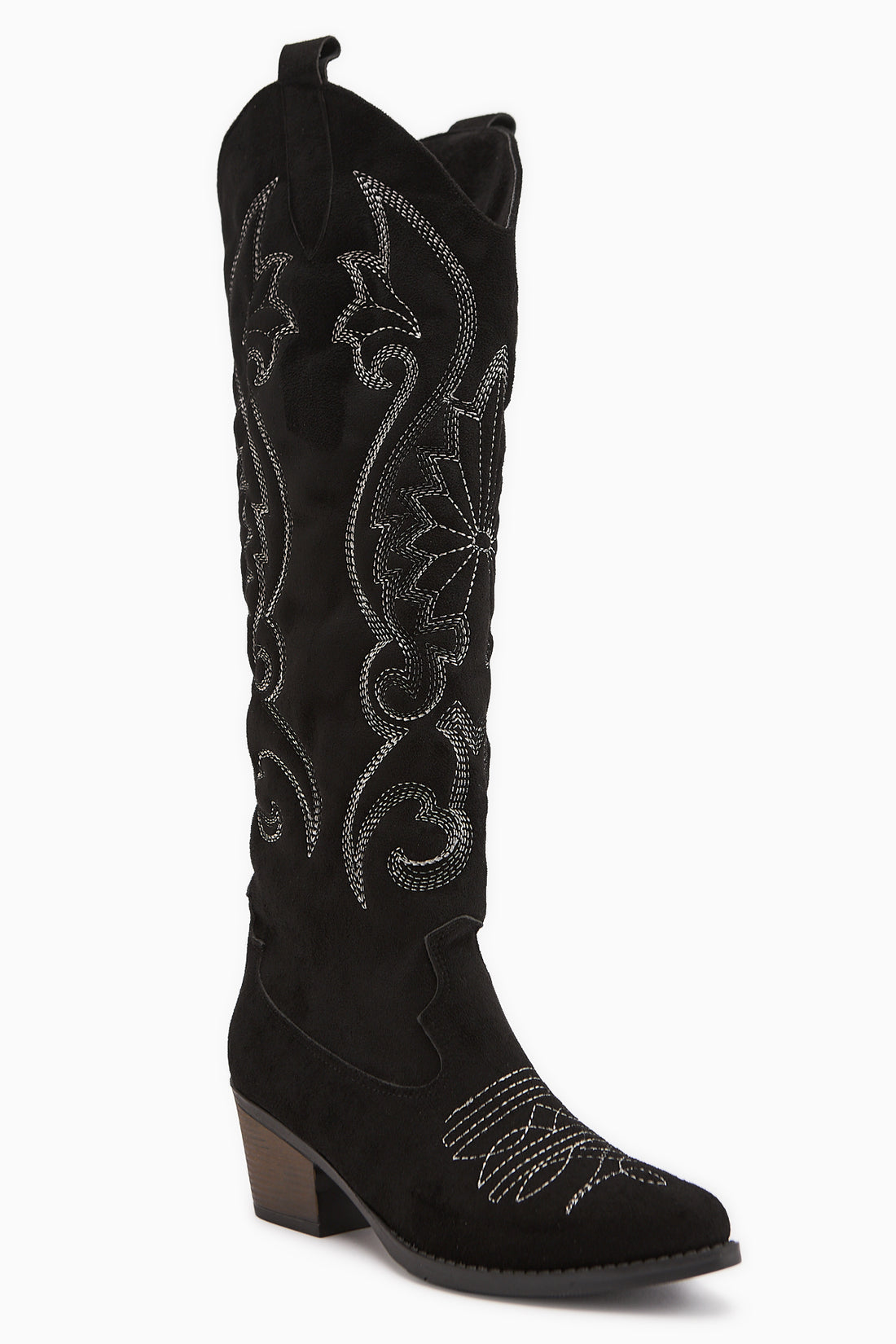 Dani Siyah Süet Nakış Detaylı Sivri Burunlu Western Çizme