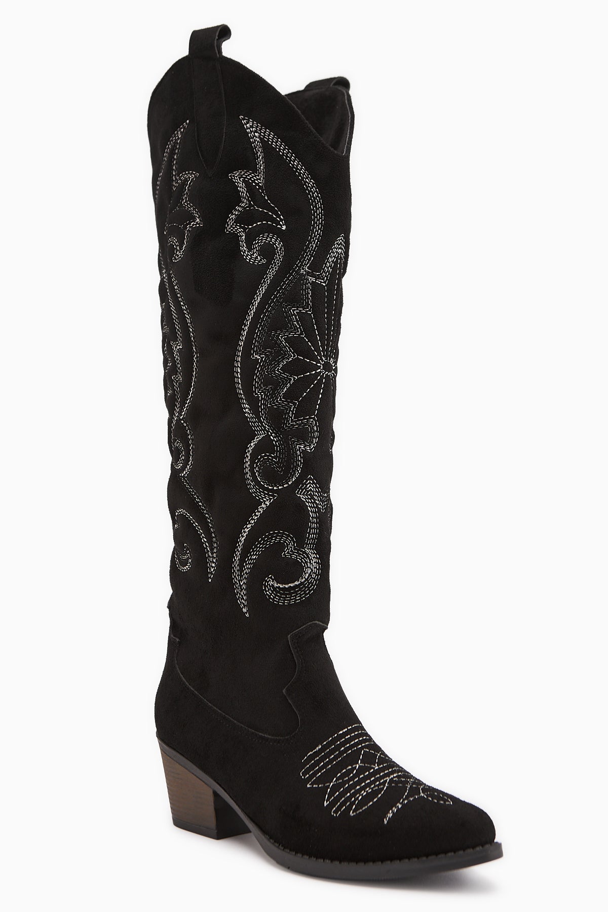 Dani Siyah Süet Nakış Detaylı Sivri Burunlu Western Çizme