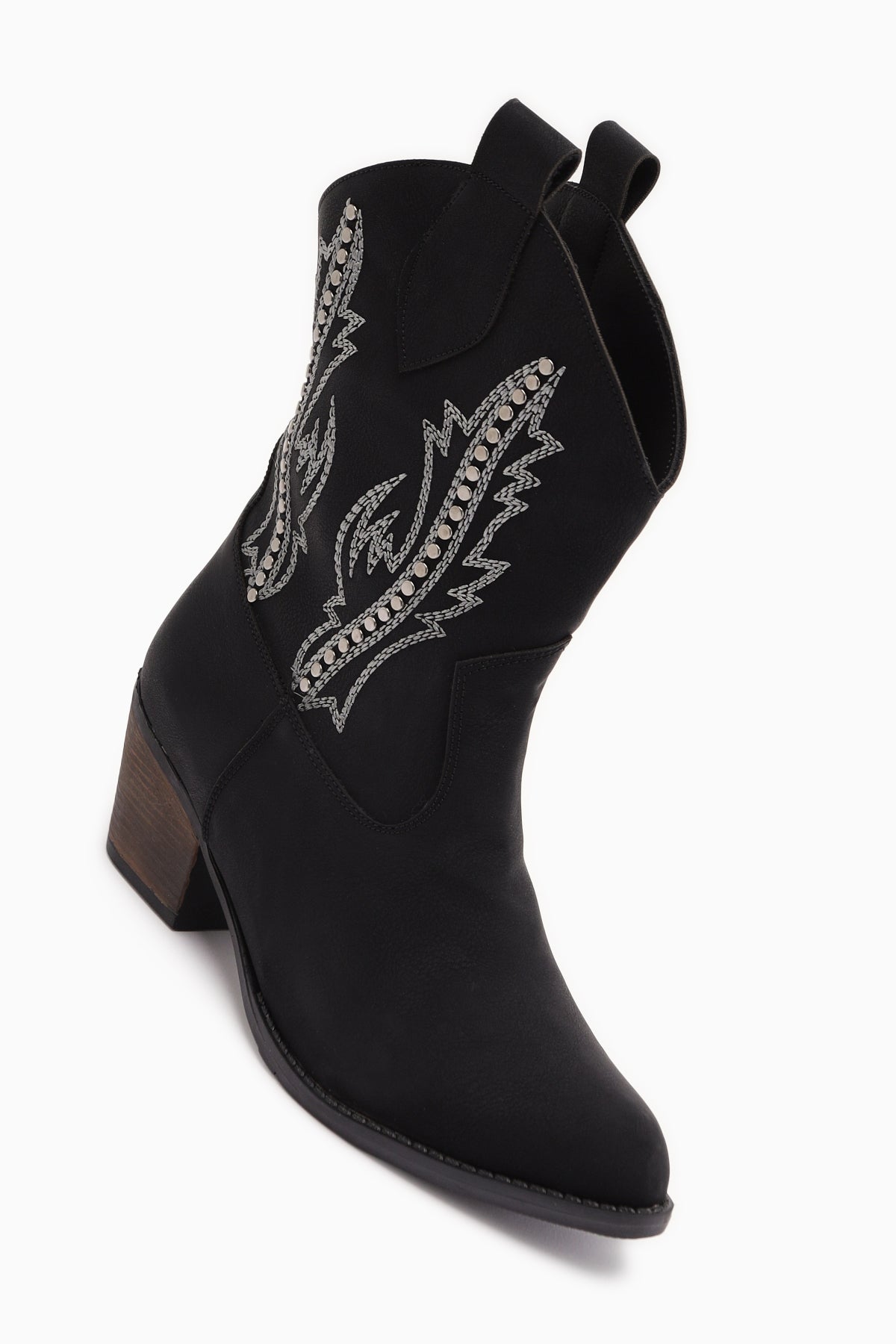 Fiza Siyah Sivri Burunlu Nakışlı Zımba Detaylı Western Bot